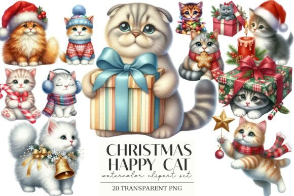 Download Happy Christmas Cat Watercolor Clipart - Happy christmas Collection